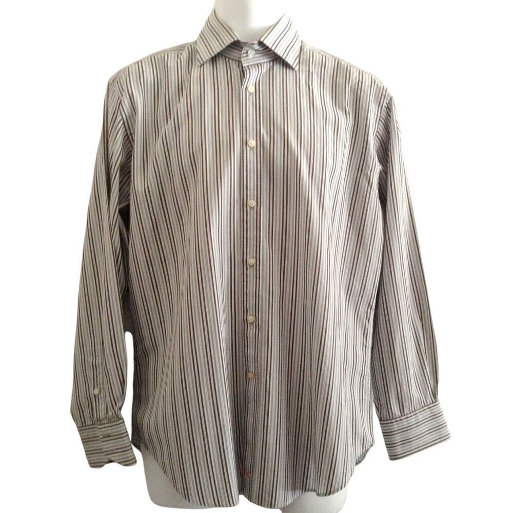 Thomas Dean Shirt Men's Medium Brown Blue Stripe Flip Cuff Business  Casual